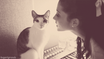 American actress Ariana Grande trying to kiss a cat